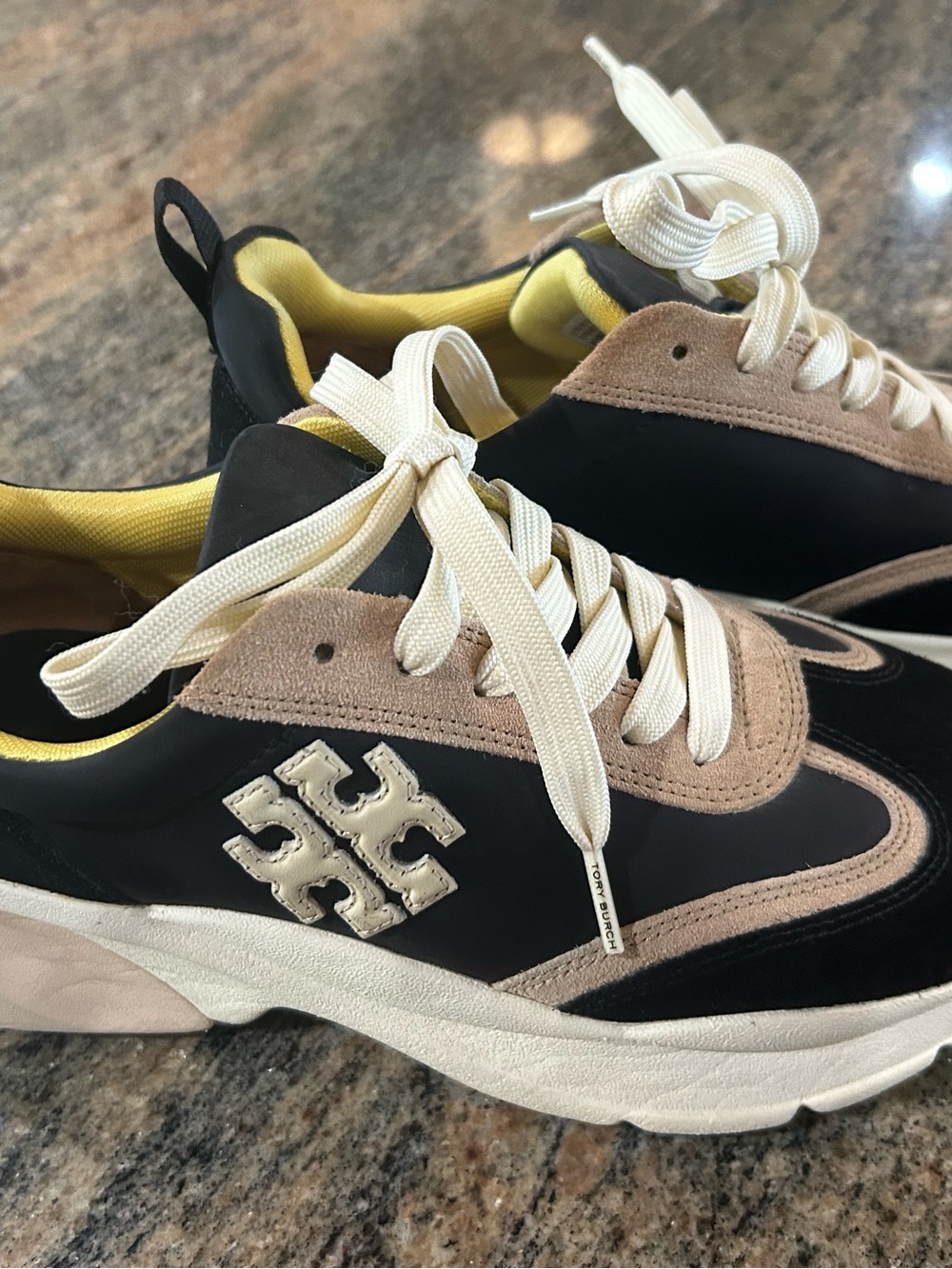 Tory Burch Black, Beige & Yellow Logo Platform Sneakers